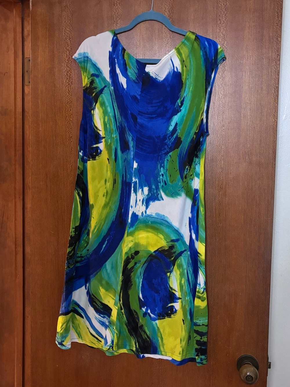 Abstract Blue & Green Sleeveless Shift Dress - Women's XL